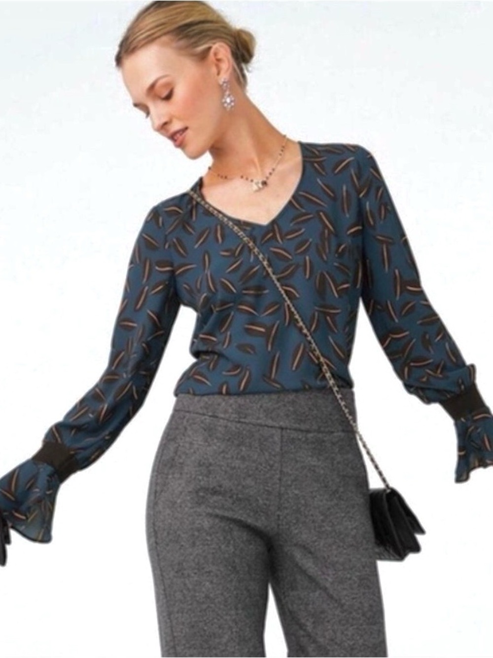 CAbi Teal Shadow Leaf V-Neck Blouse #3763, Size S